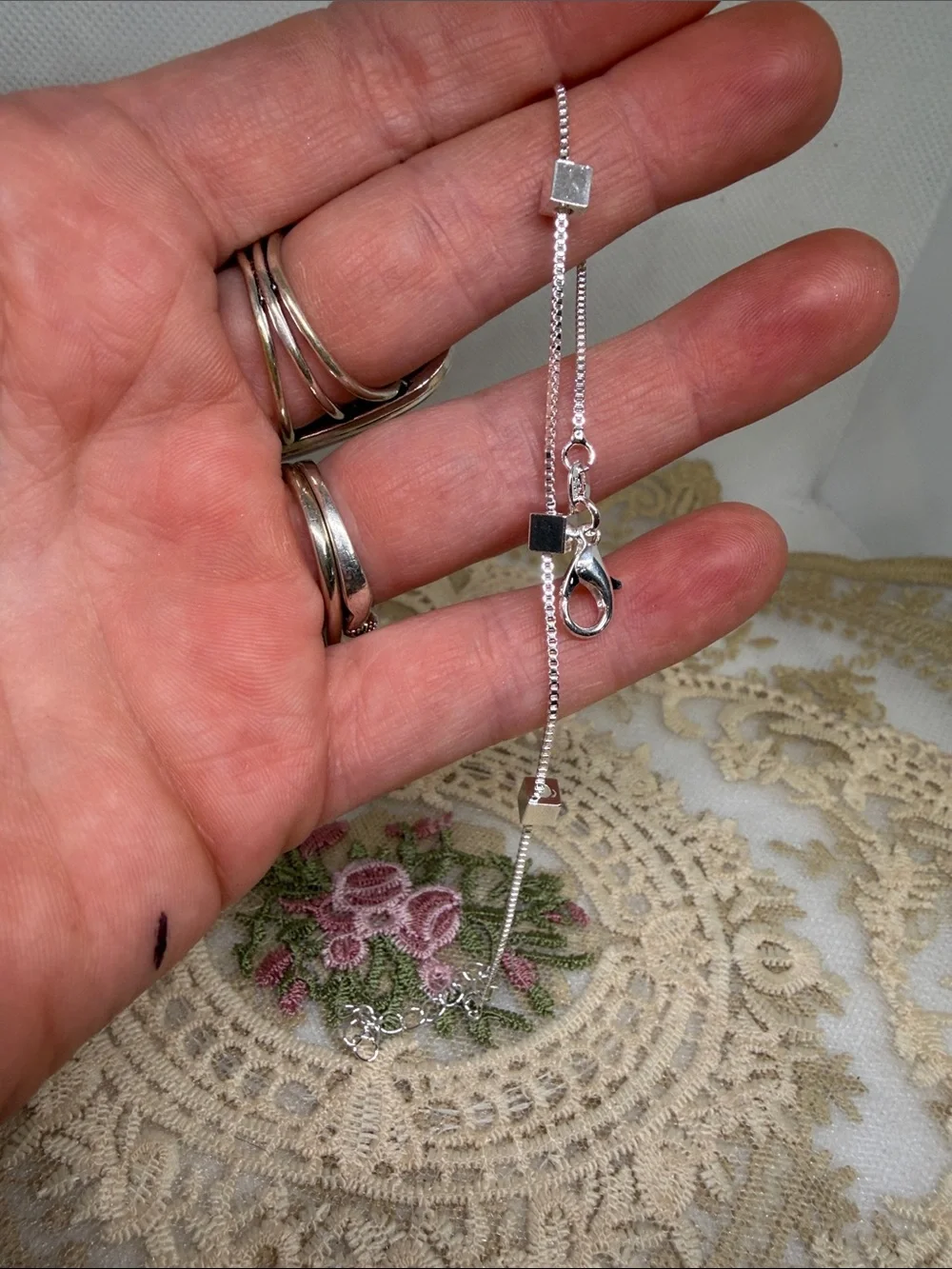 925 Sterling Silver Box Chain Bracelet with Three Geometric Cube Beads Clean